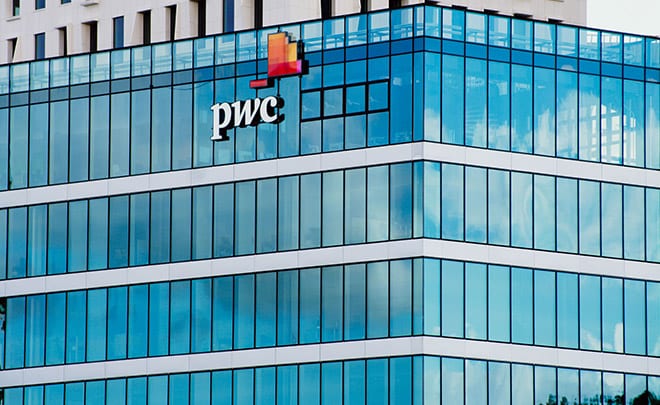 PWC - office building with PWC logo on side