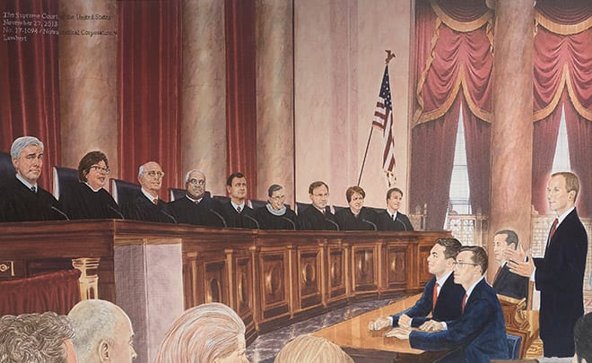 Supreme Court - Art rendering of Hueston giving oral argument at Supreme Court
